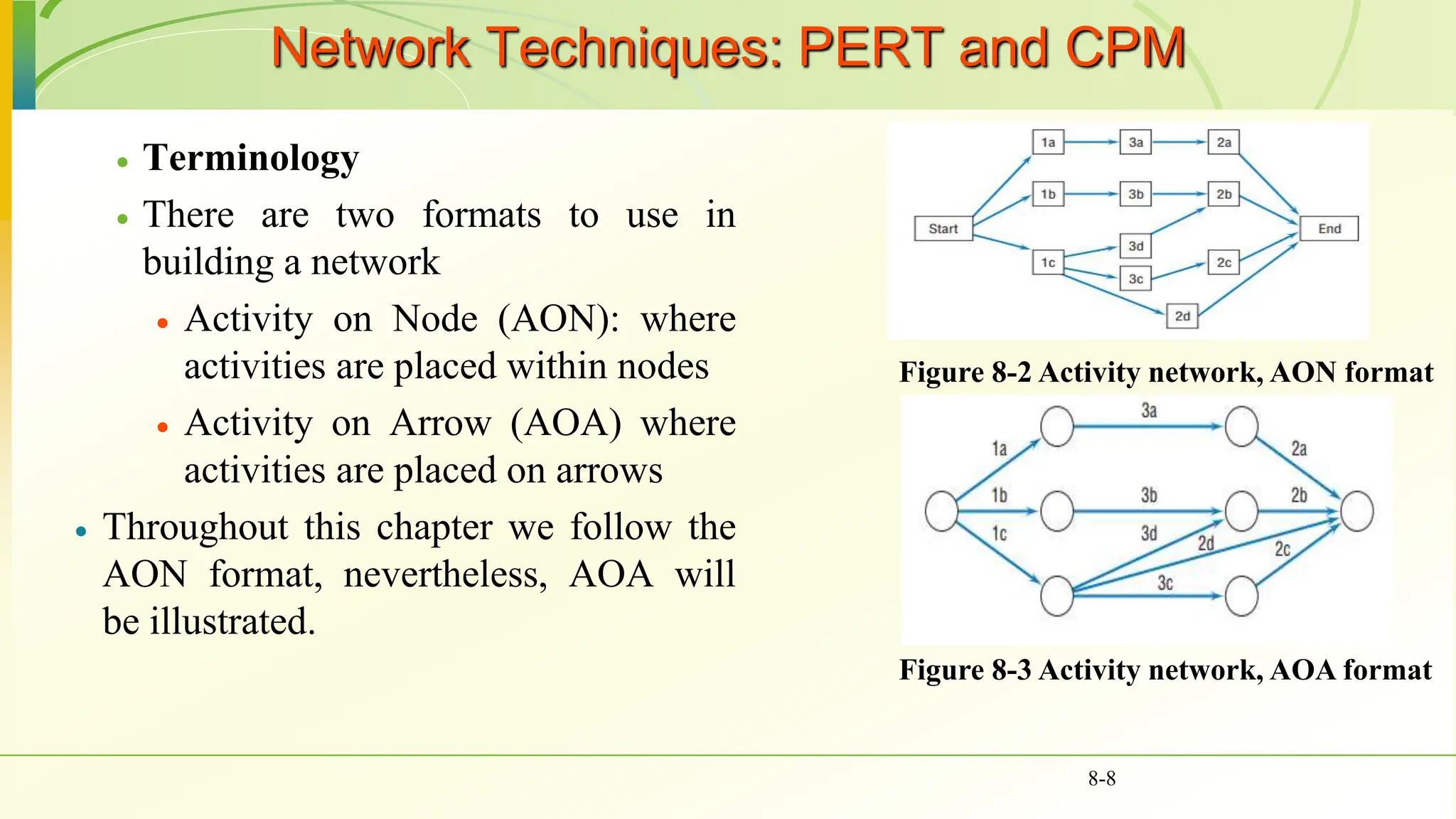 Network Techniques: PERT and CPM
 Terminology
 There are two formats to use in
building a network
 Activity on Node (AON): where
activities are placed within nodes
 Activity on Arrow (AOA) where
activities are placed on arrows
 Throughout this chapter we follow the
AON format, nevertheless, AOA will
be illustrated.
8-8
Figure 8-2 Activity network, AON format
Figure 8-3 Activity network, AOA format
 
