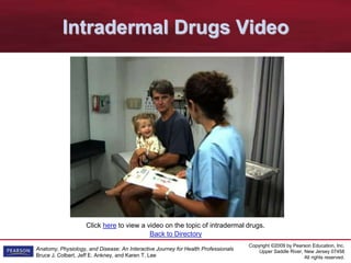 Copyright ©2009 by Pearson Education, Inc.
Upper Saddle River, New Jersey 07458
All rights reserved.
Anatomy, Physiology, and Disease: An Interactive Journey for Health Professionals
Bruce J. Colbert, Jeff E. Ankney, and Karen T. Lee
Click here to view a video on the topic of intradermal drugs.
Intradermal Drugs Video
Back to Directory
 