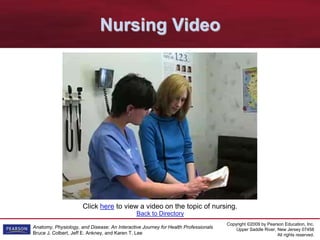 Copyright ©2009 by Pearson Education, Inc.
Upper Saddle River, New Jersey 07458
All rights reserved.
Anatomy, Physiology, and Disease: An Interactive Journey for Health Professionals
Bruce J. Colbert, Jeff E. Ankney, and Karen T. Lee
Back to Directory
Click here to view a video on the topic of nursing.
Nursing Video
 