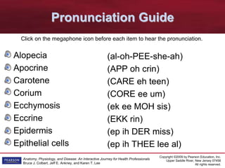 Copyright ©2009 by Pearson Education, Inc.
Upper Saddle River, New Jersey 07458
All rights reserved.
Anatomy, Physiology, and Disease: An Interactive Journey for Health Professionals
Bruce J. Colbert, Jeff E. Ankney, and Karen T. Lee
Pronunciation Guide
Alopecia
Apocrine
Carotene
Corium
Ecchymosis
Eccrine
Epidermis
Epithelial cells
(al-oh-PEE-she-ah)
(APP oh crin)
(CARE eh teen)
(CORE ee um)
(ek ee MOH sis)
(EKK rin)
(ep ih DER miss)
(ep ih THEE lee al)
Click on the megaphone icon before each item to hear the pronunciation.
 