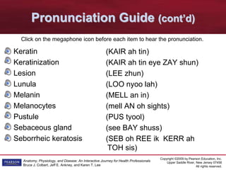 Copyright ©2009 by Pearson Education, Inc.
Upper Saddle River, New Jersey 07458
All rights reserved.
Anatomy, Physiology, and Disease: An Interactive Journey for Health Professionals
Bruce J. Colbert, Jeff E. Ankney, and Karen T. Lee
Pronunciation Guide (cont’d)
Keratin
Keratinization
Lesion
Lunula
Melanin
Melanocytes
Pustule
Sebaceous gland
Seborrheic keratosis
(KAIR ah tin)
(KAIR ah tin eye ZAY shun)
(LEE zhun)
(LOO nyoo lah)
(MELL an in)
(mell AN oh sights)
(PUS tyool)
(see BAY shuss)
(SEB oh REE ik KERR ah
TOH sis)
Click on the megaphone icon before each item to hear the pronunciation.
 