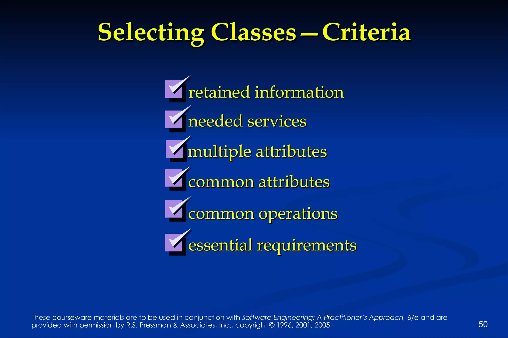Selecting Classes—Criteria needed services multiple attributes common attributes common operations essential requirements retained information 