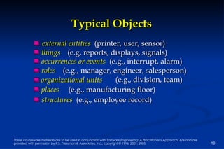 Typical Objects external entities   (printer, user, sensor) things (e.g, reports, displays, signals)  occurrences or events   (e.g., interrupt, alarm) roles   (e.g., manager, engineer, salesperson) organizational units (e.g., division, team) places (e.g., manufacturing floor)  structures   (e.g., employee record) 
