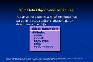 8.3.2 Data Objects and Attributes A data object contains a set of attributes that act as an aspect, quality, characteristic, or descriptor of the object object: automobile attributes: make model body type price options code 