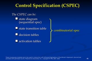Control Specification (CSPEC) The CSPEC can be: state diagram  (sequential spec) state transition table decision tables  activation tables combinatorial spec 