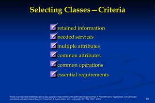 Selecting Classes—Criteria needed services multiple attributes common attributes common operations essential requirements retained information 