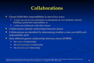 Collaborations Classes fulfill their responsibilities in one of two ways: A class can use its own operations to manipulate its own attributes, thereby fulfilling a particular responsibility, or  a class can collaborate with other classes. Collaborations identify relationships between classes Collaborations are identified by determining whether a class can fulfill each responsibility itself three different generic relationships between classes [WIR90]:  the  is-part-of   relationship the  has-knowledge-of  relationship the  depends-upon   relationship 