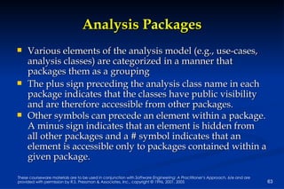 Analysis Packages Various elements of the analysis model (e.g., use-cases, analysis classes) are categorized in a manner that packages them as a grouping The plus sign preceding the analysis class name in each package indicates that the classes have public visibility and are therefore accessible from other packages. Other symbols can precede an element within a package. A minus sign indicates that an element is hidden from all other packages and a # symbol indicates that an element is accessible only to packages contained within a given package. 