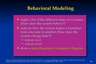 Behavioral Modeling make a list of the different states of a system (How does the system behave?) indicate how the system makes a transition from one state to another (How does the system change state?) indicate event indicate action draw a  state diagram or a sequence diagram 