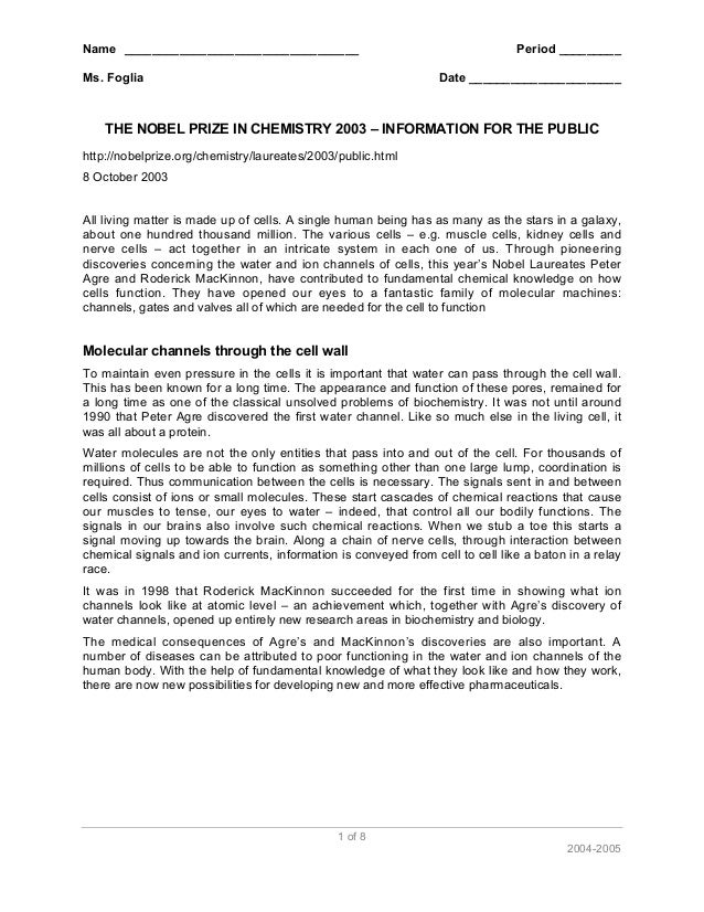 Nobel Prize Aquaporins Worksheet Answers - Ivuyteq
