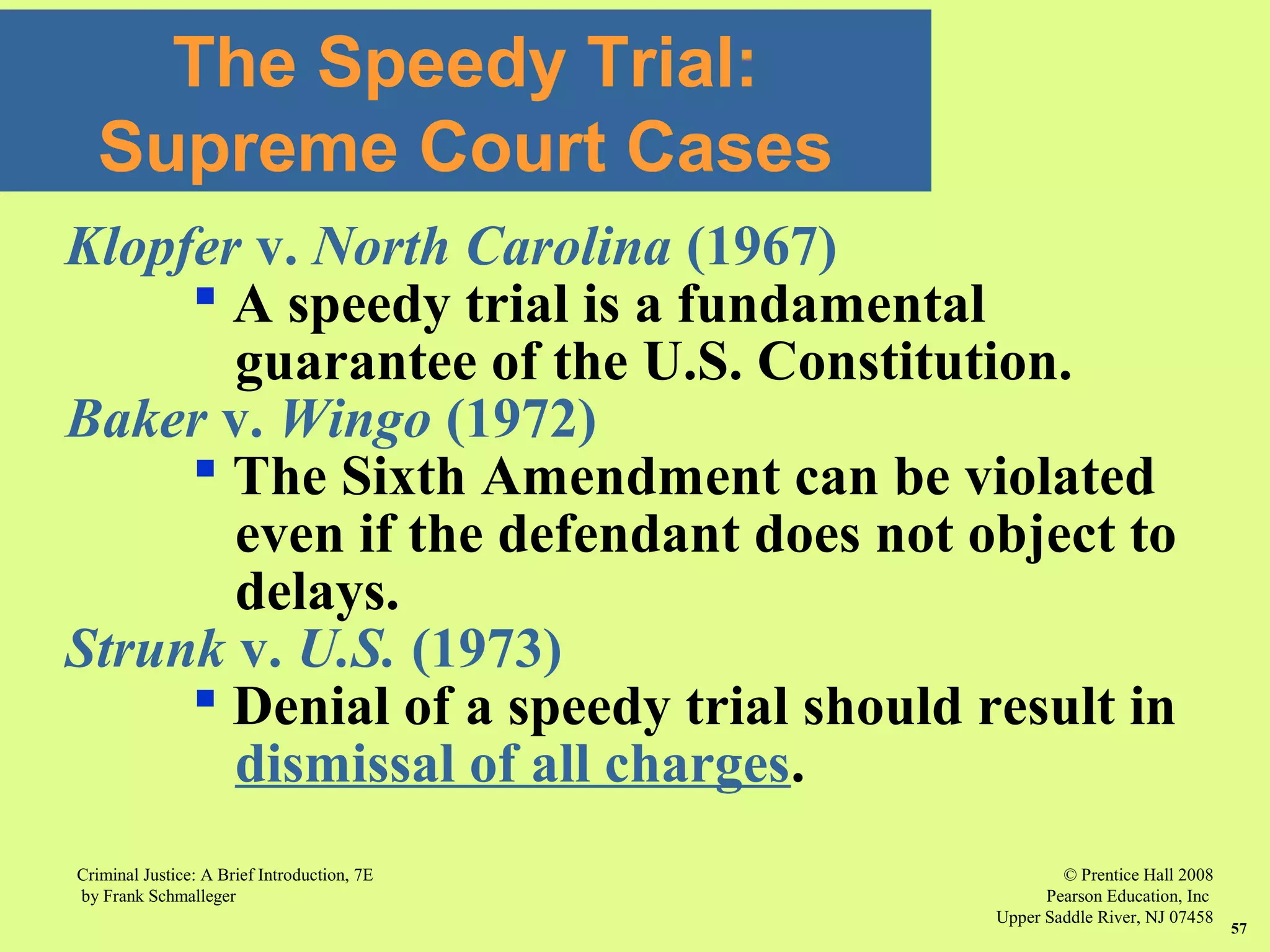 © Prentice Hall 2008
Pearson Education, Inc
Upper Saddle River, NJ 07458
Criminal Justice: A Brief Introduction, 7E
by Frank Schmalleger
57
The Speedy Trial:
Supreme Court Cases
Klopfer v. North Carolina (1967)
 A speedy trial is a fundamental
guarantee of the U.S. Constitution.
Baker v. Wingo (1972)
 The Sixth Amendment can be violated
even if the defendant does not object to
delays.
Strunk v. U.S. (1973)
 Denial of a speedy trial should result in
dismissal of all charges.
 