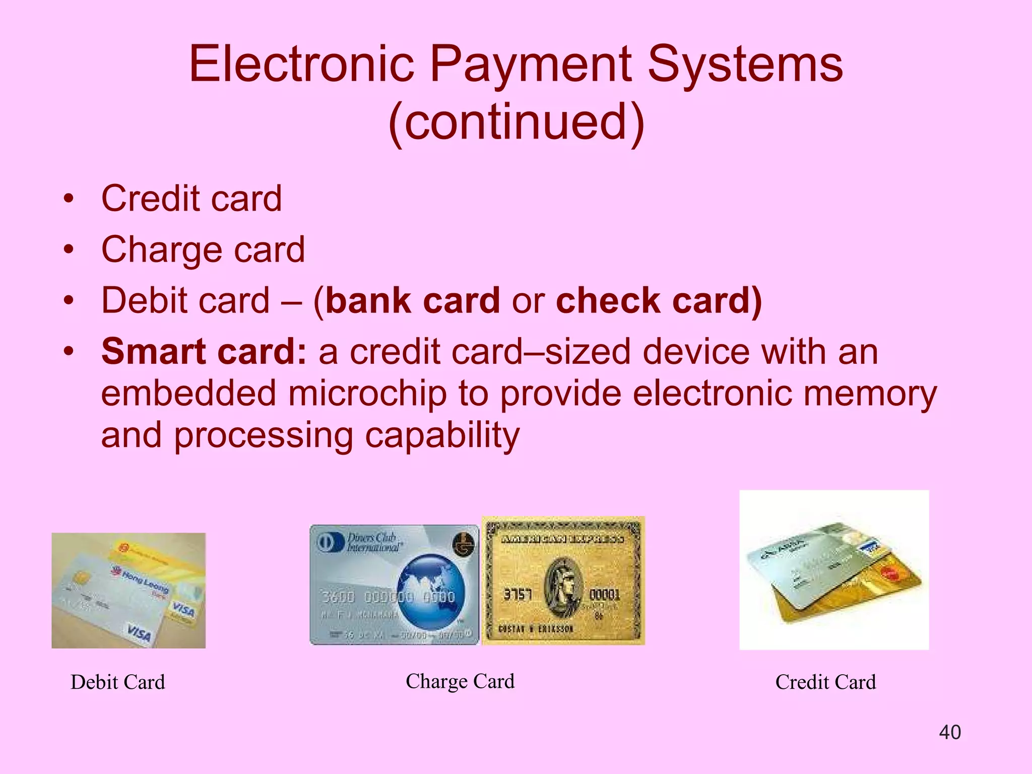 Electronic Payment Systems (continued) Credit card Charge card Debit card – ( bank card  or  check  card)   Smart card:  a credit card–sized device with an embedded microchip to provide electronic memory and processing capability Debit Card Charge Card Credit Card 