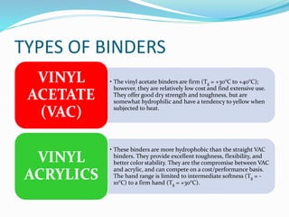 TYPES OF BINDERS
• The vinyl acetate binders are firm (Tg = +30°C to +40°C);
however, they are relatively low cost and find extensive use.
They offer good dry strength and toughness, but are
somewhat hydrophilic and have a tendency to yellow when
subjected to heat.
VINYL
ACETATE
(VAC)
• These binders are more hydrophobic than the straight VAC
binders. They provide excellent toughness, flexibility, and
better color stability. They are the compromise between VAC
and acrylic, and can compete on a cost/performance basis.
The hand range is limited to intermediate softness (Tg = -
10°C) to a firm hand (Tg = +30°C).
VINYL
ACRYLICS
 