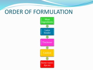 ORDER OF FORMULATION
Most
ingredients
Latex
binder
Thickener
Catalyst
Some water,
dye etc
 