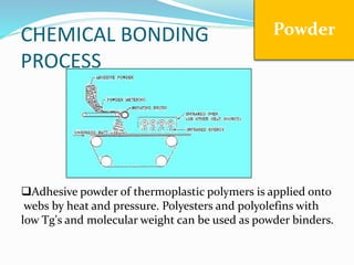 CHEMICAL BONDING
PROCESS
Powder
Adhesive powder of thermoplastic polymers is applied onto
webs by heat and pressure. Polyesters and polyolefins with
low Tg's and molecular weight can be used as powder binders.
 