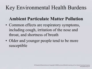 Key Environmental Health Burdens
Ambient Particulate Matter Pollution
• Common effects are respiratory symptoms,
including cough, irritation of the nose and
throat, and shortness of breath
• Older and younger people tend to be more
susceptible
 