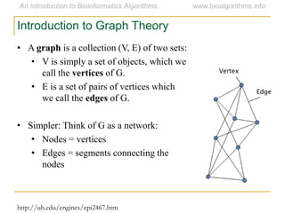 • A graph is a collection (V, E) of two sets:
• V is simply a set of objects, which we
call the vertices of G.
• E is a set of pairs of vertices which
we call the edges of G.
• Simpler: Think of G as a network:
• Nodes = vertices
• Edges = segments connecting the
nodes
Introduction to Graph Theory
http://uh.edu/engines/epi2467.htm
Vertex
Edge
 