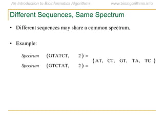 • Different sequences may share a common spectrum.
• Example:
Different Sequences, Same Spectrum

Spectrum GTATCT, 2  
Spectrum GTCTAT, 2  
AT, CT, GT, TA, TC 
 
