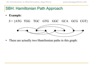 SBH: Hamiltonian Path Approach
• Example:
S = {ATG TGG TGC GTG GGC GCA GCG CGT}
• There are actually two Hamiltonian paths in this graph:
 