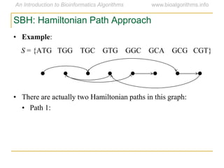SBH: Hamiltonian Path Approach
• Example:
S = {ATG TGG TGC GTG GGC GCA GCG CGT}
• There are actually two Hamiltonian paths in this graph:
• Path 1:
 