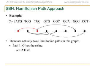 SBH: Hamiltonian Path Approach
• Example:
S = {ATG TGG TGC GTG GGC GCA GCG CGT}
• There are actually two Hamiltonian paths in this graph:
• Path 1: Gives the string
S = ATGC
 