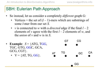 SBH: Eulerian Path Approach
• So instead, let us consider a completely different graph G:
• Vertices = the set of (l – 1)-mers which are substrings of
some l-mer from our set S.
• v is connected to w with a directed edge if the final l – 2
elements of v agree with the first l – 2 elements of w, and
the union of v and w is in S.
• Example: S = {ATG, TGG,
TGC, GTG, GGC, GCA,
GCG, CGT}.
• V = {AT, TG, GG}.
AT
GT CG
CAGCTG
GG
 