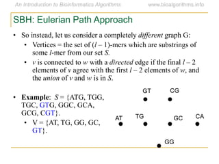 SBH: Eulerian Path Approach
• So instead, let us consider a completely different graph G:
• Vertices = the set of (l – 1)-mers which are substrings of
some l-mer from our set S.
• v is connected to w with a directed edge if the final l – 2
elements of v agree with the first l – 2 elements of w, and
the union of v and w is in S.
• Example: S = {ATG, TGG,
TGC, GTG, GGC, GCA,
GCG, CGT}.
• V = {AT, TG, GG, GC,
GT}.
AT
GT CG
CAGCTG
GG
 