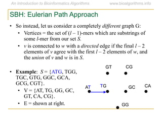 SBH: Eulerian Path Approach
• So instead, let us consider a completely different graph G:
• Vertices = the set of (l – 1)-mers which are substrings of
some l-mer from our set S.
• v is connected to w with a directed edge if the final l – 2
elements of v agree with the first l – 2 elements of w, and
the union of v and w is in S.
• Example: S = {ATG, TGG,
TGC, GTG, GGC, GCA,
GCG, CGT}.
• V = {AT, TG, GG, GC,
GT, CA, CG}.
• E = shown at right.
AT
GT CG
CAGCTG
GG
 