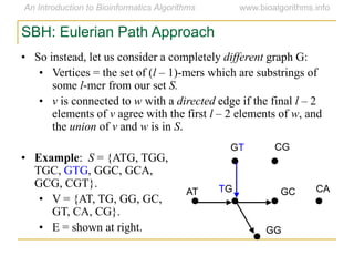 SBH: Eulerian Path Approach
• So instead, let us consider a completely different graph G:
• Vertices = the set of (l – 1)-mers which are substrings of
some l-mer from our set S.
• v is connected to w with a directed edge if the final l – 2
elements of v agree with the first l – 2 elements of w, and
the union of v and w is in S.
• Example: S = {ATG, TGG,
TGC, GTG, GGC, GCA,
GCG, CGT}.
• V = {AT, TG, GG, GC,
GT, CA, CG}.
• E = shown at right.
AT
GT CG
CAGCTG
GG
 