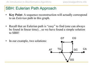 SBH: Eulerian Path Approach
• Key Point: A sequence reconstruction will actually correspond
to an Eulerian path in this graph.
• Recall that an Eulerian path is ―easy‖ to find (one can always
be found in linear time)…so we have found a simple solution
to SBH!
• In our example, two solutions:
AT
GT CG
CAGCTG
GG
 