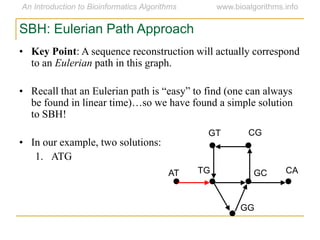 SBH: Eulerian Path Approach
• Key Point: A sequence reconstruction will actually correspond
to an Eulerian path in this graph.
• Recall that an Eulerian path is ―easy‖ to find (one can always
be found in linear time)…so we have found a simple solution
to SBH!
• In our example, two solutions:
1. ATG
AT
GT CG
CAGCTG
GG
 