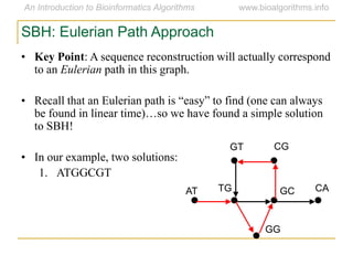 SBH: Eulerian Path Approach
• Key Point: A sequence reconstruction will actually correspond
to an Eulerian path in this graph.
• Recall that an Eulerian path is ―easy‖ to find (one can always
be found in linear time)…so we have found a simple solution
to SBH!
• In our example, two solutions:
1. ATGGCGT
AT
GT CG
CAGCTG
GG
 