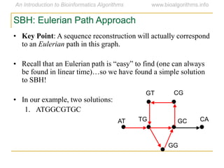 SBH: Eulerian Path Approach
• Key Point: A sequence reconstruction will actually correspond
to an Eulerian path in this graph.
• Recall that an Eulerian path is ―easy‖ to find (one can always
be found in linear time)…so we have found a simple solution
to SBH!
• In our example, two solutions:
1. ATGGCGTGC
AT
GT CG
CAGCTG
GG
 
