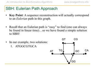 SBH: Eulerian Path Approach
• Key Point: A sequence reconstruction will actually correspond
to an Eulerian path in this graph.
• Recall that an Eulerian path is ―easy‖ to find (one can always
be found in linear time)…so we have found a simple solution
to SBH!
• In our example, two solutions:
1. ATGGCGTGCA
AT
GT CG
CAGCTG
GG
 