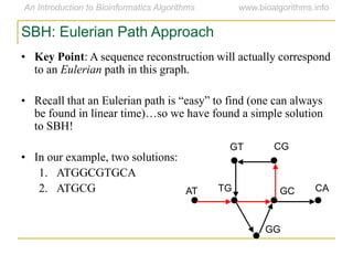 SBH: Eulerian Path Approach
• Key Point: A sequence reconstruction will actually correspond
to an Eulerian path in this graph.
• Recall that an Eulerian path is ―easy‖ to find (one can always
be found in linear time)…so we have found a simple solution
to SBH!
• In our example, two solutions:
1. ATGGCGTGCA
2. ATGCG AT
GT CG
CAGCTG
GG
 