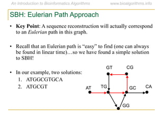 SBH: Eulerian Path Approach
• Key Point: A sequence reconstruction will actually correspond
to an Eulerian path in this graph.
• Recall that an Eulerian path is ―easy‖ to find (one can always
be found in linear time)…so we have found a simple solution
to SBH!
• In our example, two solutions:
1. ATGGCGTGCA
2. ATGCGT AT
GT CG
CAGCTG
GG
 