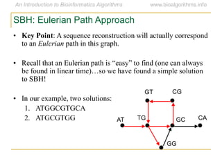 SBH: Eulerian Path Approach
• Key Point: A sequence reconstruction will actually correspond
to an Eulerian path in this graph.
• Recall that an Eulerian path is ―easy‖ to find (one can always
be found in linear time)…so we have found a simple solution
to SBH!
• In our example, two solutions:
1. ATGGCGTGCA
2. ATGCGTGG AT
GT CG
CAGCTG
GG
 