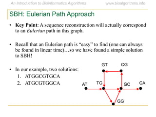 SBH: Eulerian Path Approach
• Key Point: A sequence reconstruction will actually correspond
to an Eulerian path in this graph.
• Recall that an Eulerian path is ―easy‖ to find (one can always
be found in linear time)…so we have found a simple solution
to SBH!
• In our example, two solutions:
1. ATGGCGTGCA
2. ATGCGTGGCA AT
GT CG
CAGCTG
GG
 