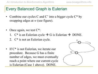 Every Balanced Graph is Eulerian
• Combine our cycles C and C’ into a bigger cycle C* by
swapping edges at w (see figure).
• Once again, we test C*:
1. C* is an Eulerian cycle  G is Eulerian  DONE.
2. C* is not an Eulerian cycle.
• If C* is not Eulerian, we iterate our
procedure. Because G has a finite
number of edges, we must eventually
reach a point where our current cycle
is Eulerian (Case 1 above). DONE.
 