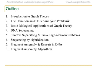 Outline
1. Introduction to Graph Theory
2. The Hamiltonian & Eulerian Cycle Problems
3. Basic Biological Applications of Graph Theory
4. DNA Sequencing
5. Shortest Superstring & Traveling Salesman Problems
6. Sequencing by Hybridization
7. Fragment Assembly & Repeats in DNA
8. Fragment Assembly Algorithms
 