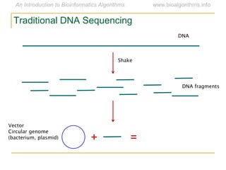 + =
DNA
Shake
DNA fragments
Vector
Circular genome
(bacterium, plasmid)
Traditional DNA Sequencing
 