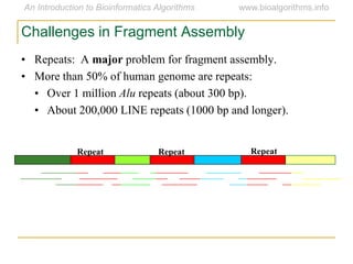 • Repeats: A major problem for fragment assembly.
• More than 50% of human genome are repeats:
• Over 1 million Alu repeats (about 300 bp).
• About 200,000 LINE repeats (1000 bp and longer).
Repeat Repeat Repeat
Challenges in Fragment Assembly
 