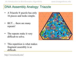 • A Triazzle ® puzzle has only
16 pieces and looks simple.
• BUT… there are many
repeats!
• The repeats make it very
difficult to solve.
• This repetition is what makes
fragment assembly is so
difficult.
DNA Assembly Analogy: Triazzle
http://www.triazzle.com/
 