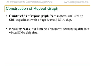 Construction of Repeat Graph
• Construction of repeat graph from k-mers: emulates an
SBH experiment with a huge (virtual) DNA chip.
• Breaking reads into k-mers: Transforms sequencing data into
virtual DNA chip data.
 