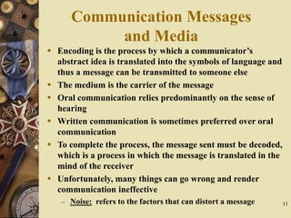 11
Communication Messages
and Media
 Encoding is the process by which a communicator’s
abstract idea is translated into the symbols of language and
thus a message can be transmitted to someone else
 The medium is the carrier of the message
 Oral communication relies predominantly on the sense of
hearing
 Written communication is sometimes preferred over oral
communication
 To complete the process, the message sent must be decoded,
which is a process in which the message is translated in the
mind of the receiver
 Unfortunately, many things can go wrong and render
communication ineffective
– Noise: refers to the factors that can distort a message
 