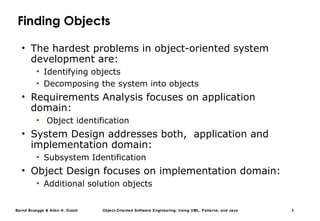 Bernd Bruegge & Allen H. Dutoit Object-Oriented Software Engineering: Using UML, Patterns, and Java 3
Finding Objects
• The hardest problems in object-oriented system
development are:
• Identifying objects
• Decomposing the system into objects
• Requirements Analysis focuses on application
domain:
• Object identification
• System Design addresses both, application and
implementation domain:
• Subsystem Identification
• Object Design focuses on implementation domain:
• Additional solution objects
 