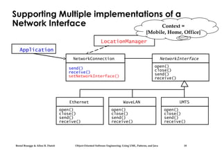 Bernd Bruegge & Allen H. Dutoit Object-Oriented Software Engineering: Using UML, Patterns, and Java 18
Supporting Multiple implementations of a
Network Interface
NetworkInterface
open()
close()
send()
receive()
NetworkConnection
send()
receive()
setNetworkInterface()
Application
Ethernet
open()
close()
send()
receive()
WaveLAN
open()
close()
send()
receive()
UMTS
open()
close()
send()
receive()
LocationManager
Context =
{Mobile, Home, Office}
 