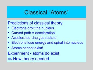 Classical “Atoms”
Predictions of classical theory
• Electrons orbit the nucleus
• Curved path = acceleration
• Accelerated charges radiate
• Electrons lose energy and spiral into nucleus
• Atoms cannot exist!
Experiment - atoms do exist
⇒ New theory needed
 