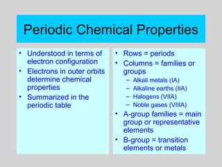 Periodic Chemical Properties
• Understood in terms of
electron configuration
• Electrons in outer orbits
determine chemical
properties
• Summarized in the
periodic table
• Rows = periods
• Columns = families or
groups
– Alkali metals (IA)
– Alkaline earths (IIA)
– Halogens (VIIA)
– Noble gases (VIIIA)
• A-group families = main
group or representative
elements
• B-group = transition
elements or metals
 