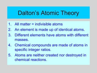 Dalton’s Atomic Theory
1. All matter = indivisible atoms
2. An element is made up of identical atoms.
3. Different elements have atoms with different
masses.
4. Chemical compounds are made of atoms in
specific integer ratios.
5. Atoms are neither created nor destroyed in
chemical reactions.
 
